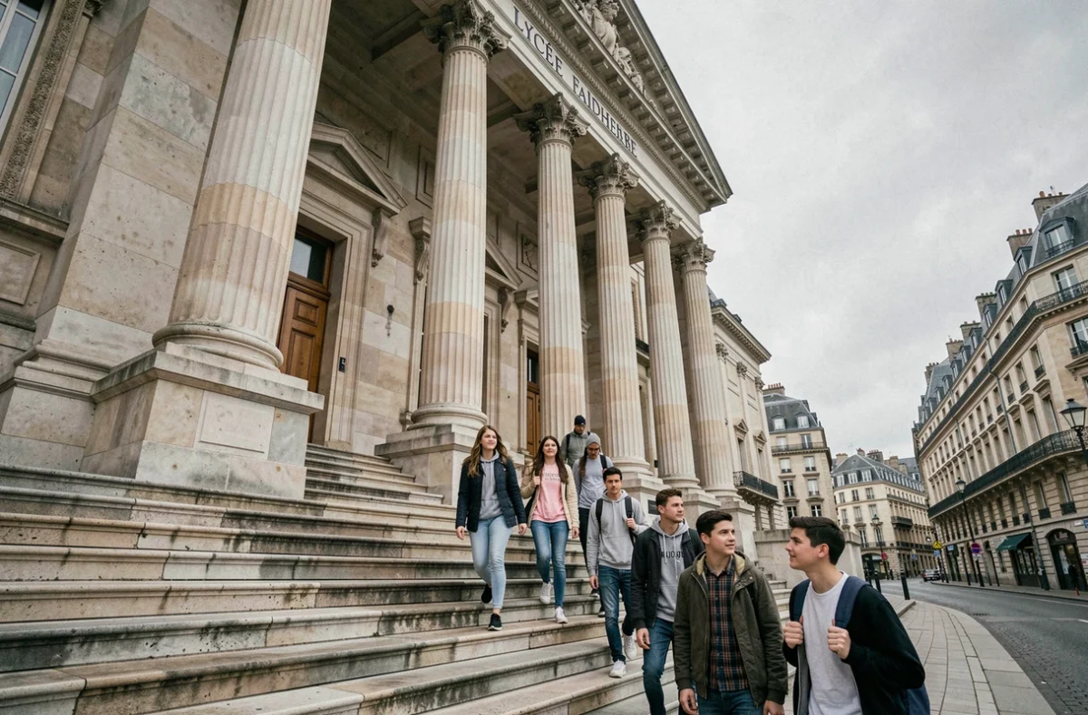 Façade néoclassique majestueuse du lycée Faidherbe à Lille avec colonnes ioniques et élèves sur les marches