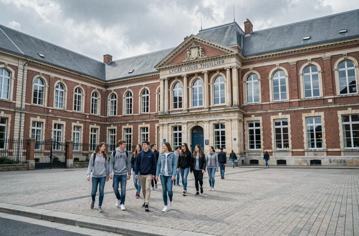 Cour intérieure et façade du lycée Louis Thuillier à Amiens avec élèves se déplaçant entre les cours