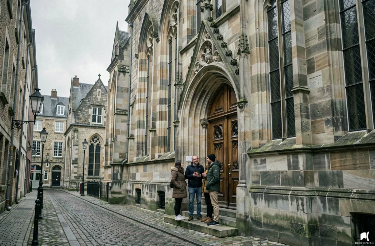 Façade historique du lycée Saint Paul à Lille avec portail en pierre sculptée et élèves sur les marches