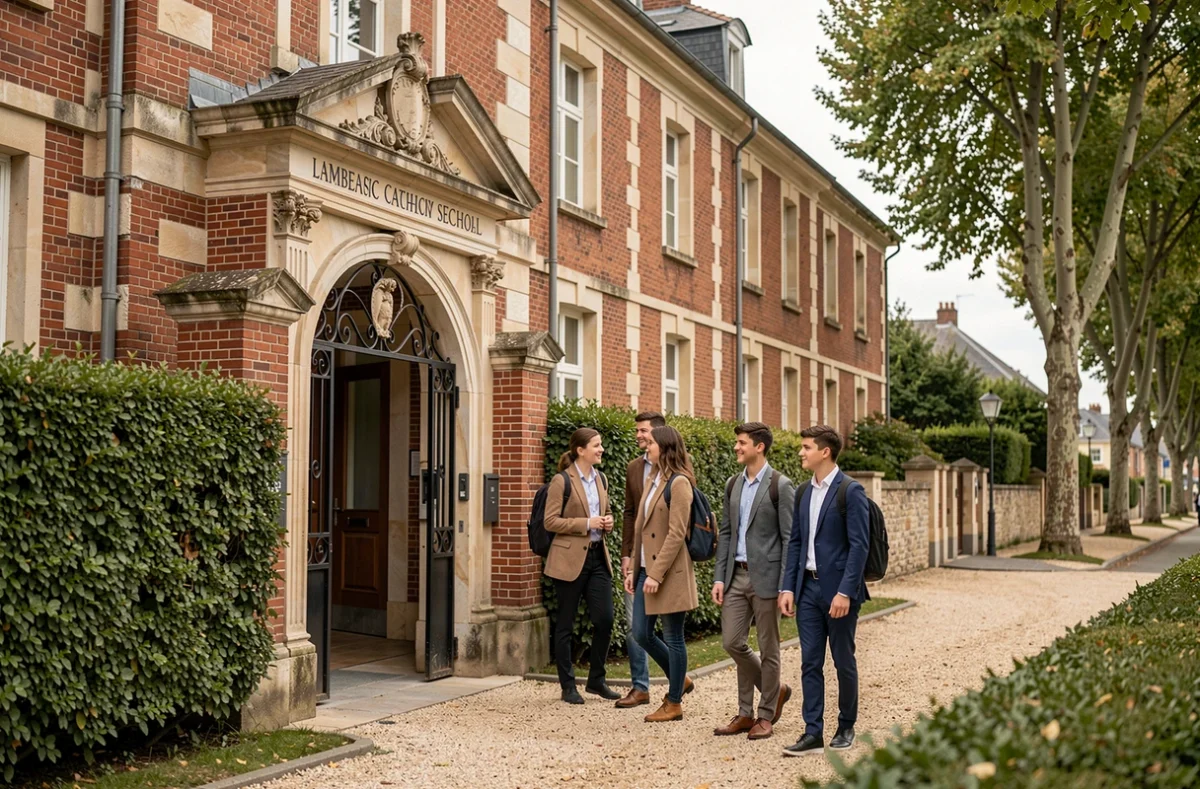 Entrée du lycée Sainte Odile à Lambersart avec façade en brique et portail classique