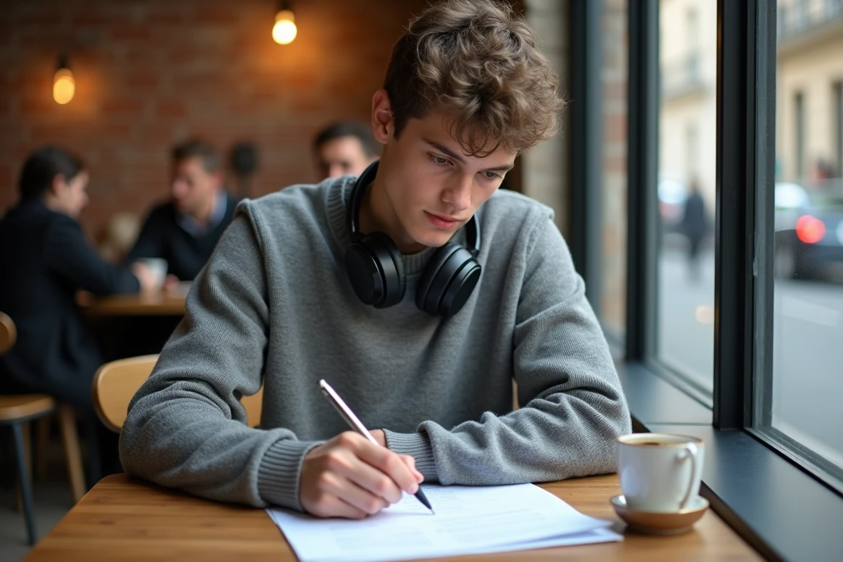 Lycéen révisant un sujet de philosophie du baccalauréat dans un café avec ses annotations