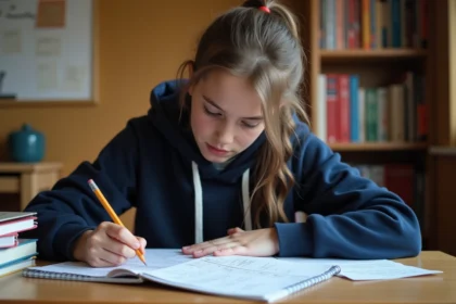Lycéenne calculant sa moyenne avec coefficients sur un cahier à son bureau