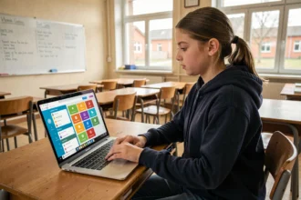 Lycéenne utilisant l'ENT Aisne NEO sur un ordinateur portable en classe