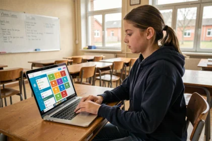 Lycéenne utilisant l'ENT Aisne NEO sur un ordinateur portable en classe