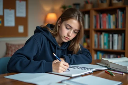 Lycéenne révisant ses sujets de bac avec méthode, entourée de fiches et de notes manuscrites sur un bureau en bois
