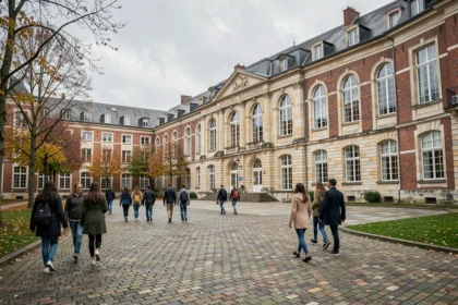 Vue panoramique d'un lycée emblématique des Hauts-de-France avec cour pavée et façade en brique rouge