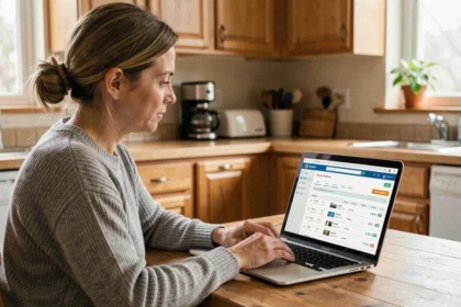 Mère de famille consultant le portail ENT16 sur un ordinateur portable à la table de la cuisine pour suivre la scolarité de son enfant
