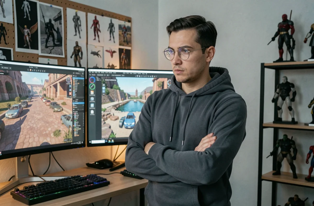 Game designer diplômé des Gobelins travaillant sur un environnement 3D pour jeu vidéo dans son studio personnel