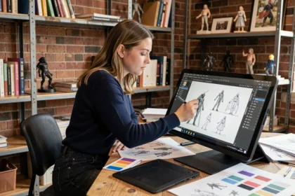 Étudiante diplômée des Gobelins travaillant sur un projet d'animation 2D dans un studio de design créatif à Paris