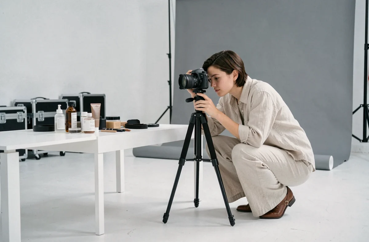 Photographe professionnelle formée aux Gobelins en train de préparer une prise de vue commerciale dans un studio photo parisien