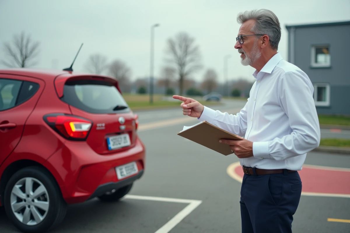 Moniteur d'auto-école expliquant les vérifications extérieures d'un véhicule pour l'examen du permis de conduire