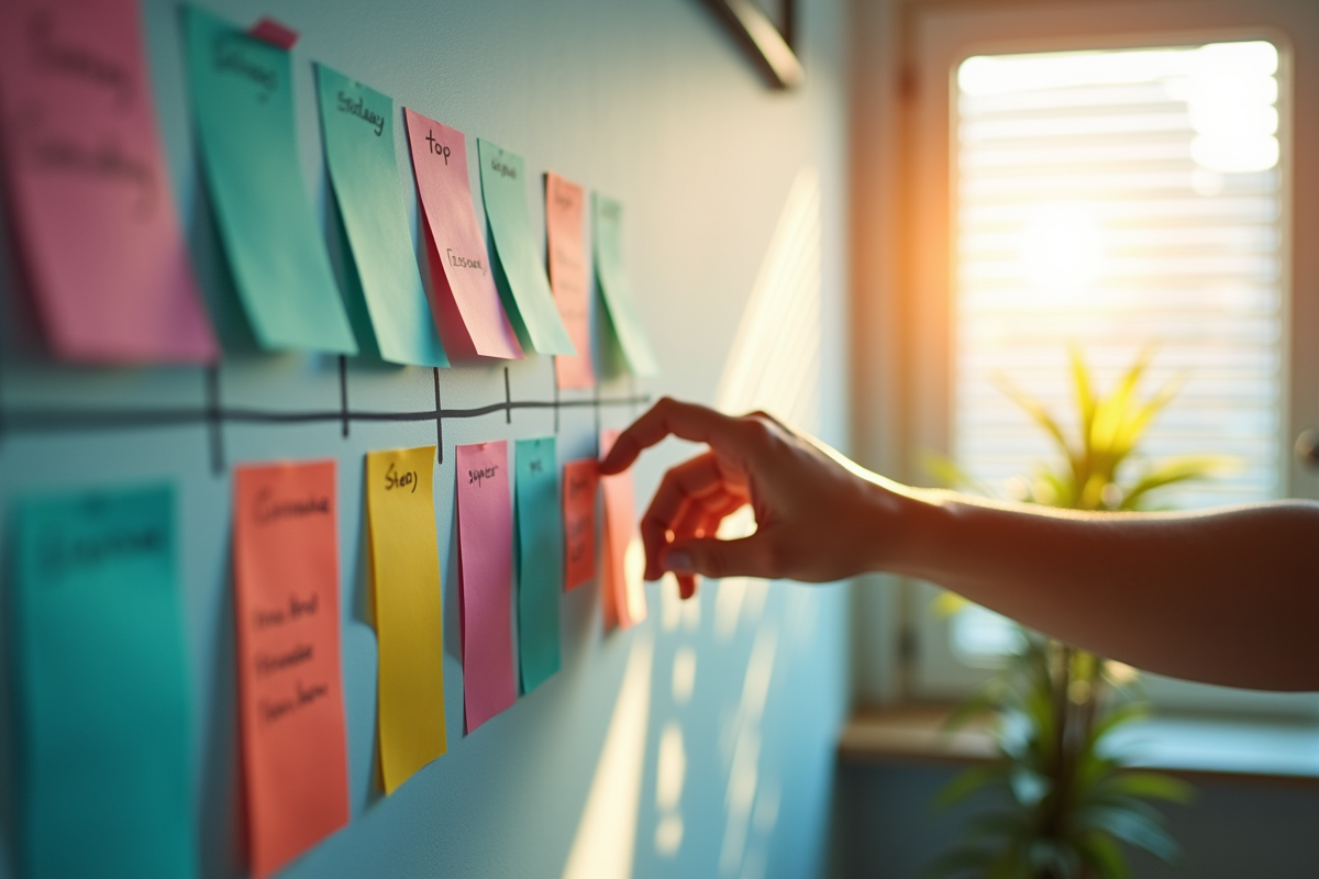 Mur de travail créatif avec notes et graphiques pour stratégie de communication