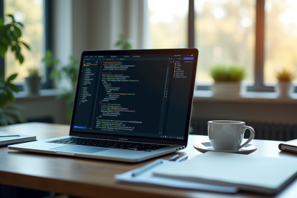 Ordinateur portable moderne avec code informatique sur l'écran