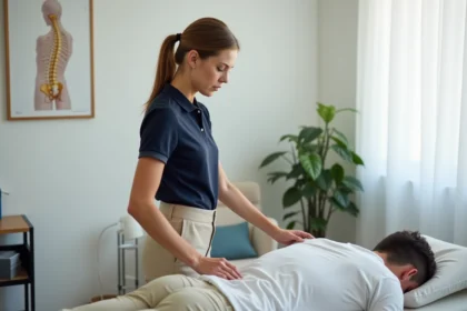 Jeune ostéopathe diplômée réalisant un traitement sur un patient dans un cabinet moderne en 2026
