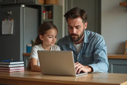 Père et fille adolescents concentrés sur un site scolaire à la maison