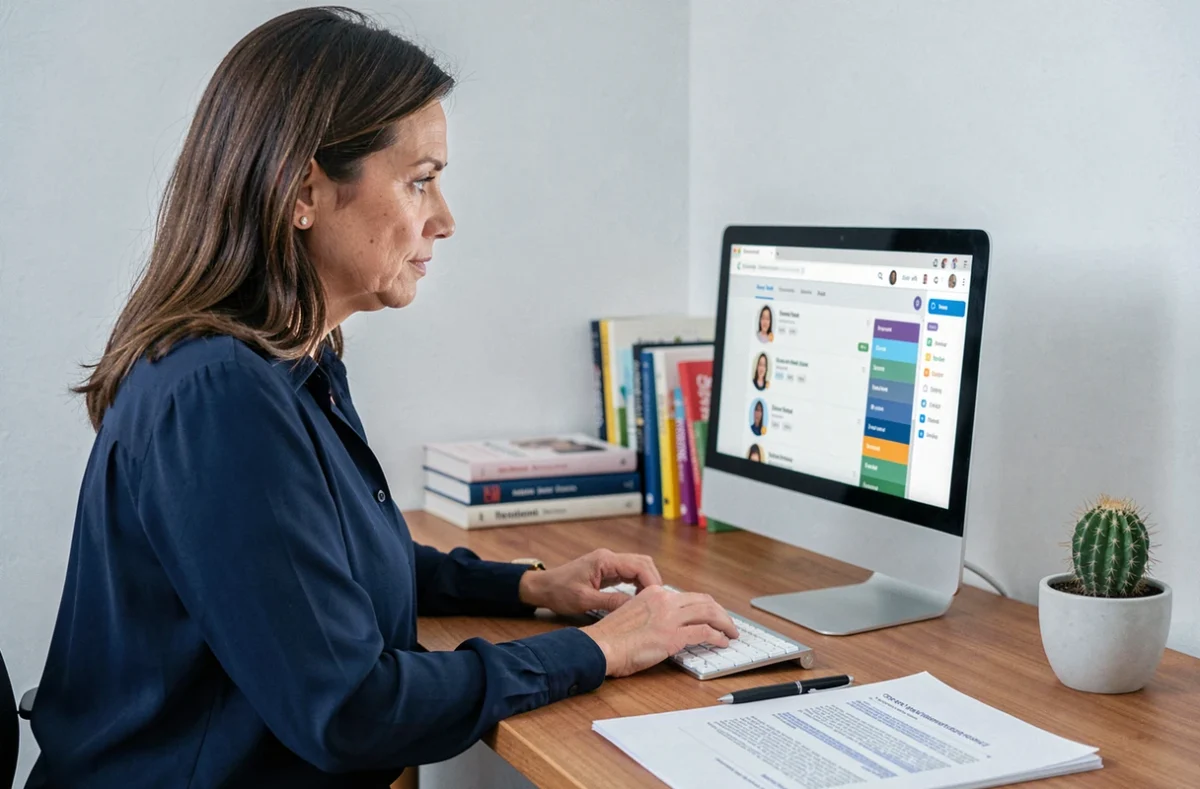Mère debout devant un ordinateur de bureau dans un bureau à domicile, consultant le profil scolaire de son enfant sur l'ENT16