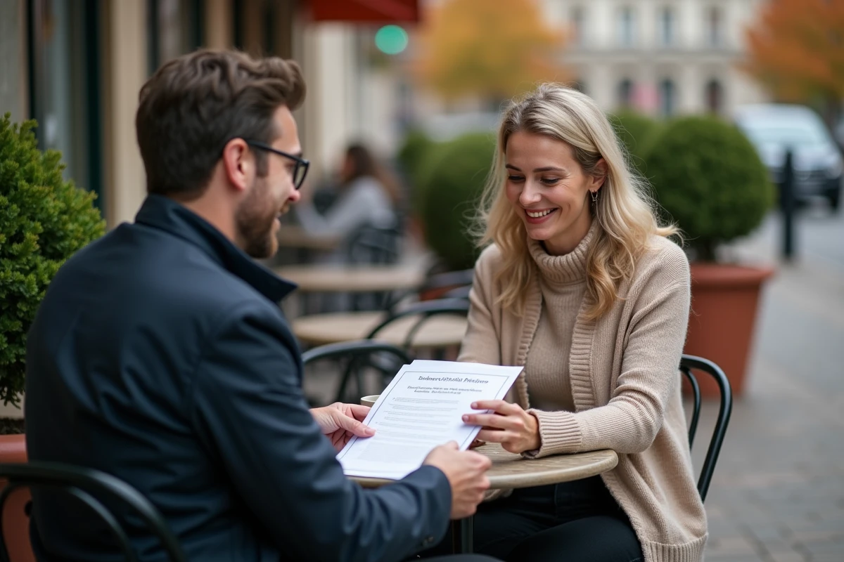 Parents séparés discutant calmement du bulletin scolaire de leur enfant autour d'un café en terrasse dans les Yvelines