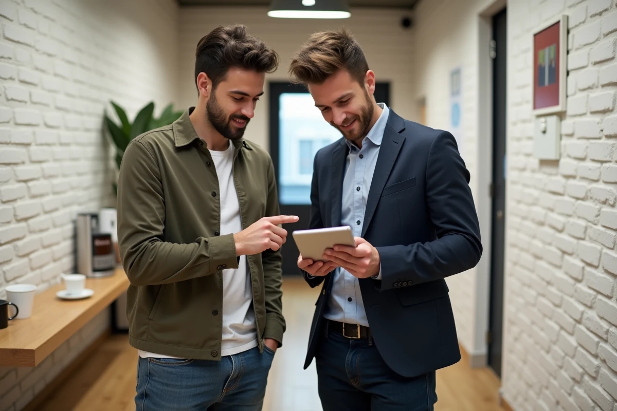 Deux participants à un séminaire de formation digitale à Paris consultant un calendrier de contenu social media sur tablette pendant une pause café