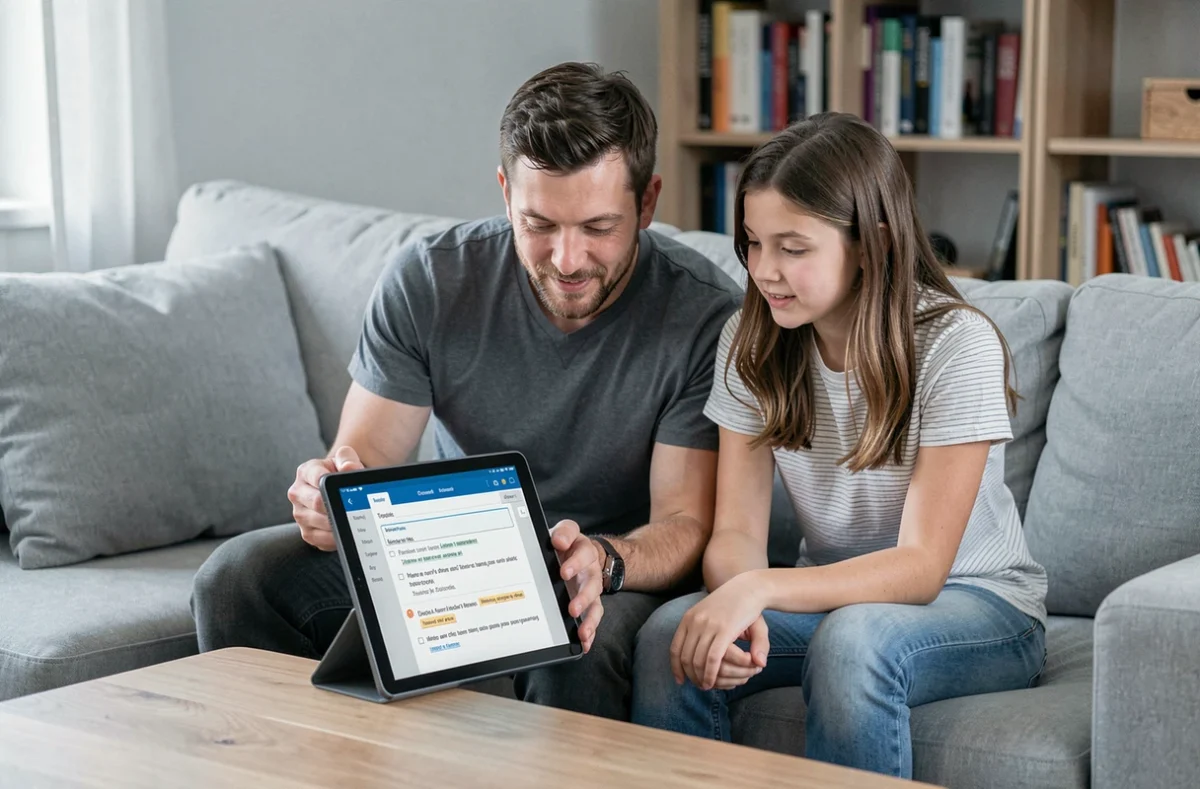 Père et adolescente consultant ensemble les devoirs et notes sur l'ENT16 via une tablette dans le salon familial