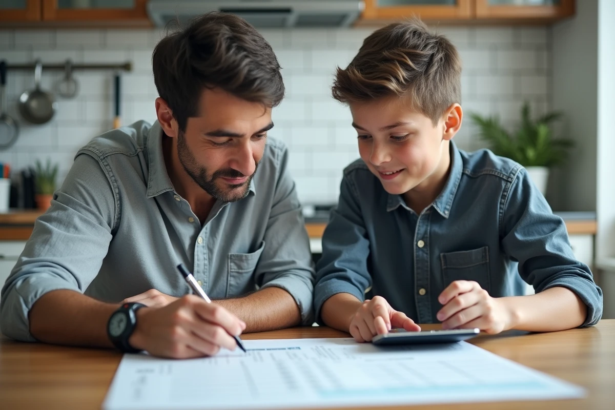 Père et fils révisant le bulletin scolaire avec coefficients ensemble à la cuisine