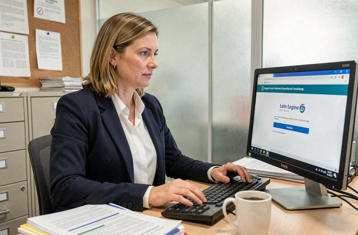 Personnelle administrative d'école se connectant à l'ENT académique depuis son bureau