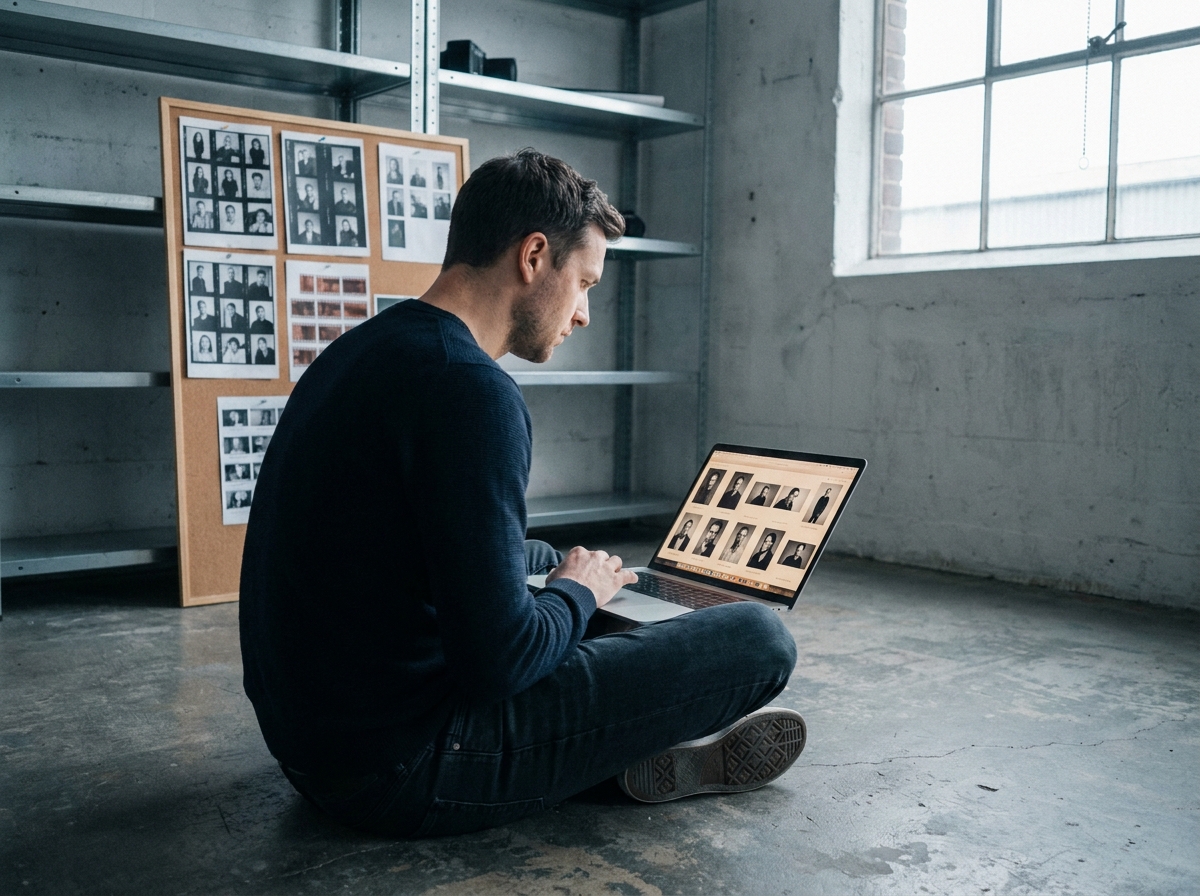 Photographe masculin construisant son portfolio en ligne dans un studio industriel avec des planches contact affichées