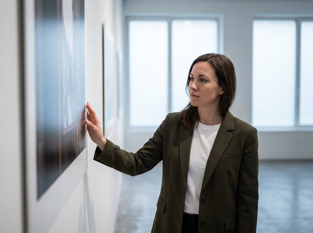 Photographe professionnelle évaluant un tirage grand format accroché dans une galerie blanche moderne