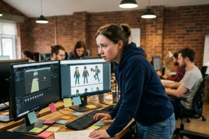 Jeune femme en début de carrière dans le jeu vidéo travaillant sur son portfolio dans un studio indie moderne