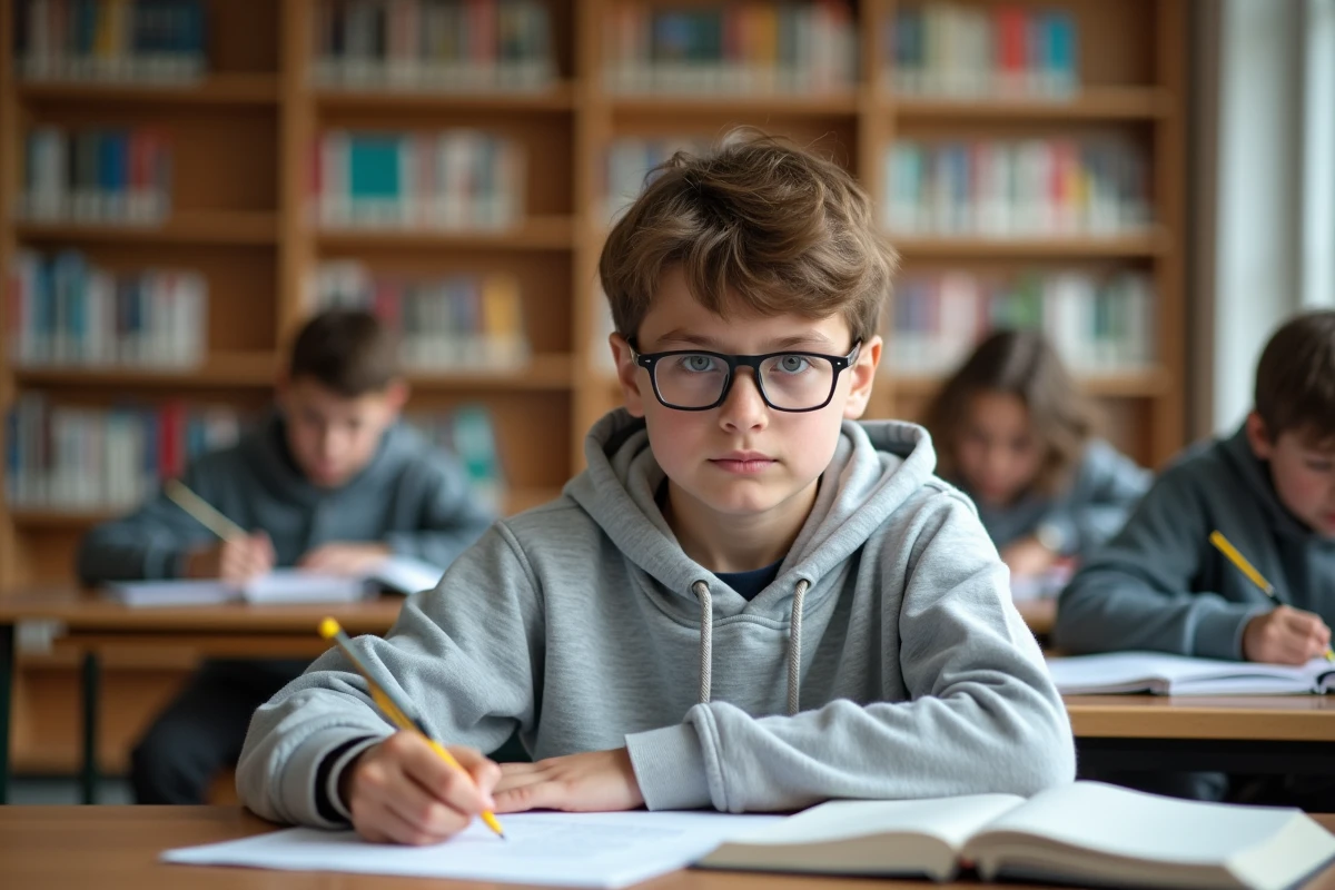 Adolescent en train de préparer son discours de délégué de classe dans une bibliothèque scolaire
