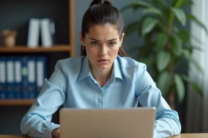 Femme frustrée devant un message d'erreur de connexion sur un portail académique institutionnel