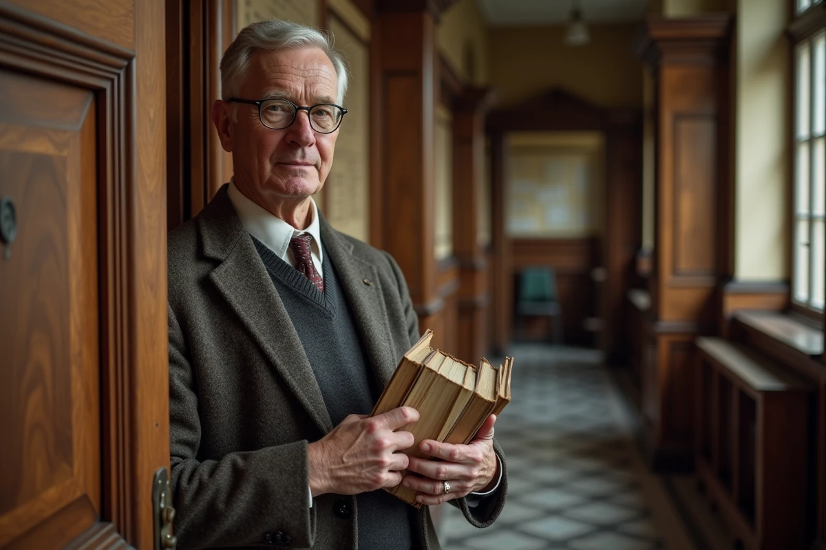 Professeur d histoire français avec archives dans un couloir