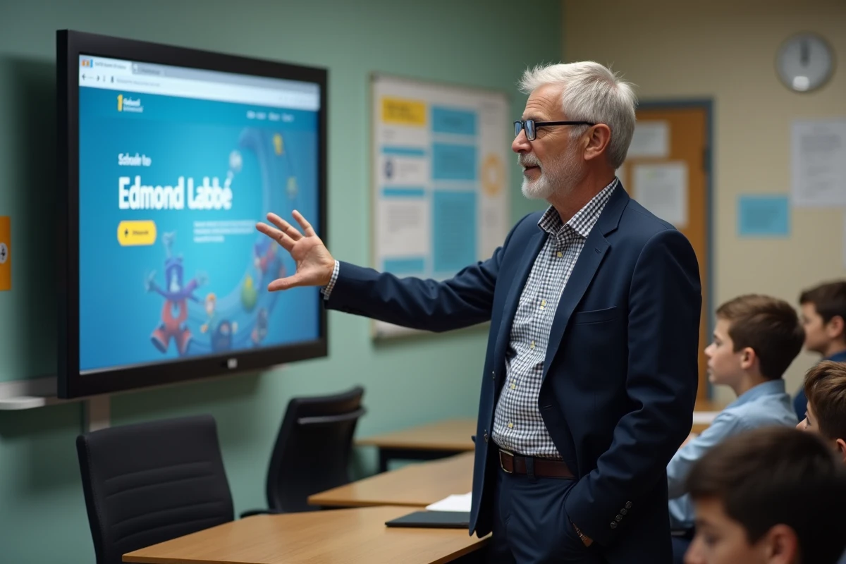 Professeur montrant le site du lycée devant une classe attentive