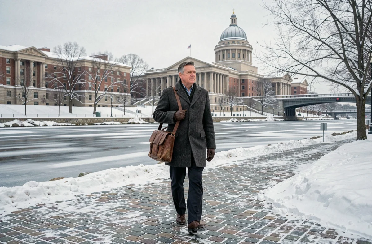 Professeur traversant le campus MIT longeant la Charles River gelée en hiver 2026 à Boston