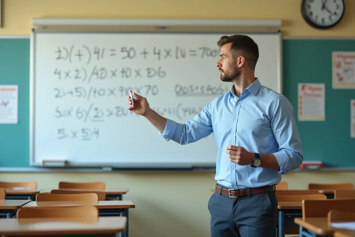 Professeur expliquant le calcul de moyenne avec coefficients au tableau dans une salle de classe