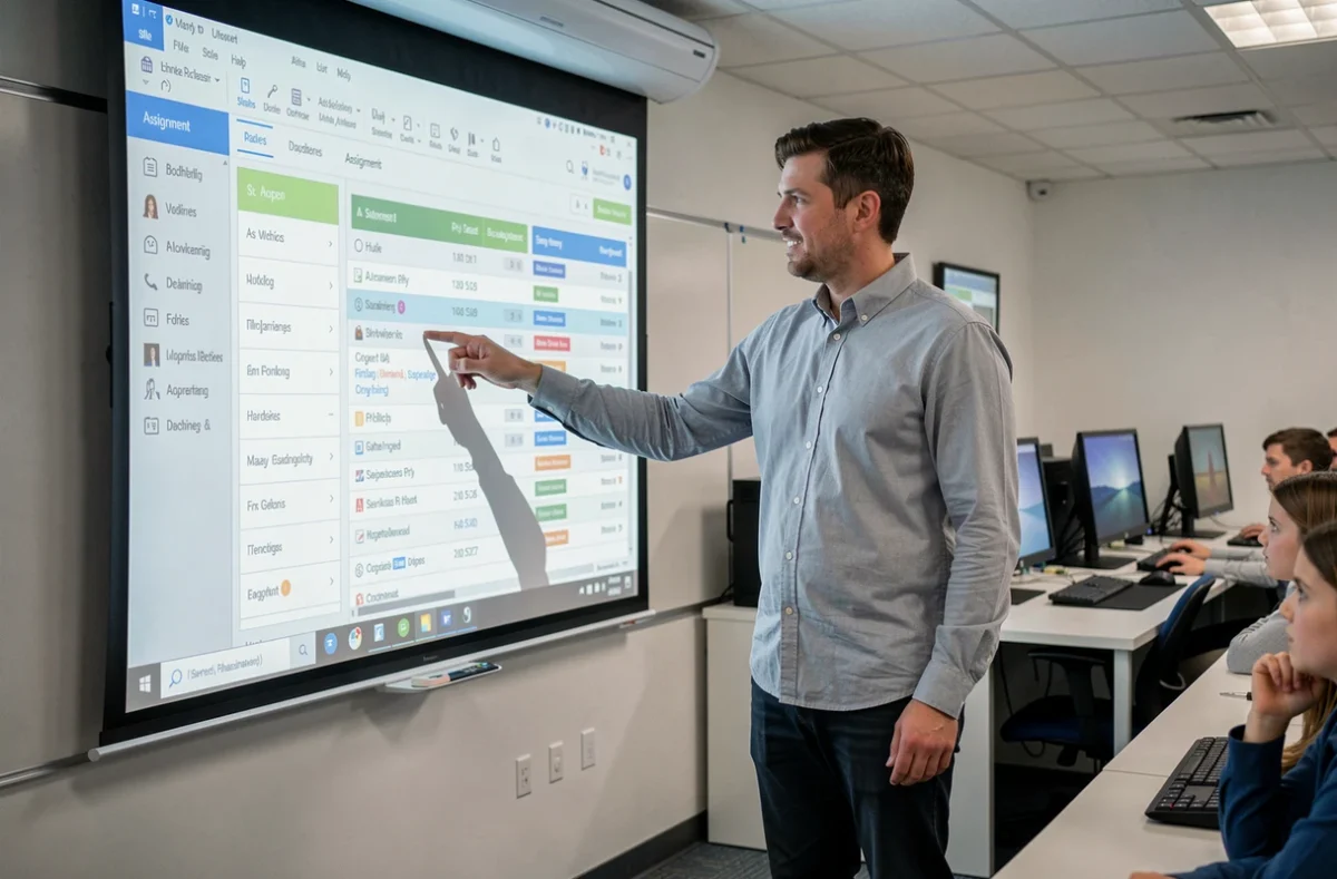 Professeur présentant une plateforme ENT académique à des élèves dans une salle informatique