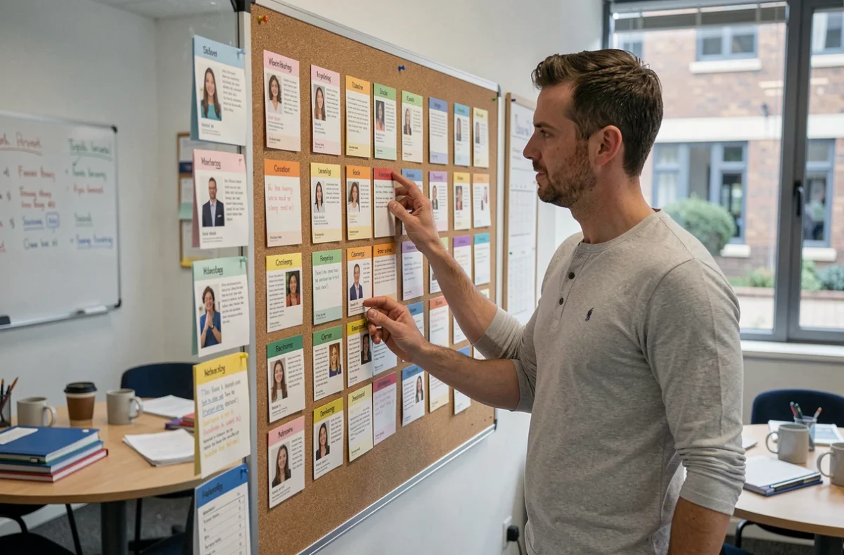 Professeur organisant des fiches élèves sur un tableau de liège pour centraliser la différenciation pédagogique en salle des professeurs