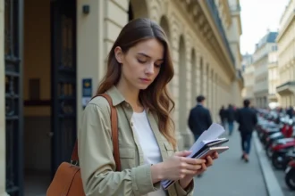 Jeune professeure débutante devant une école parisienne tenant des copies corrigées, illustrant le quotidien d'un enseignant en région parisienne