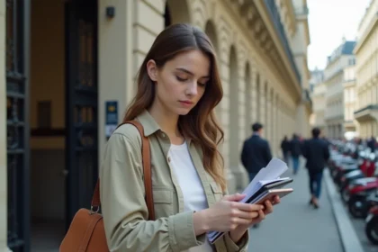 Jeune professeure débutante devant une école parisienne tenant des copies corrigées, illustrant le quotidien d'un enseignant en région parisienne
