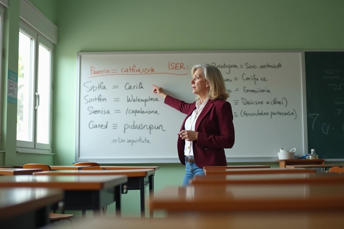 Professeure d'espagnol devant un tableau blanc avec la conjugaison du verbe SER écrite en classe