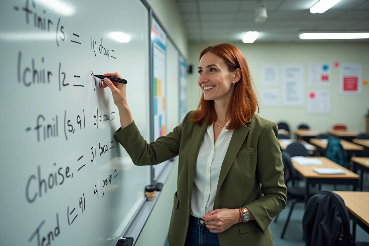 Professeure de français expliquant la conjugaison des verbes du 2ème groupe au tableau devant ses élèves de collège