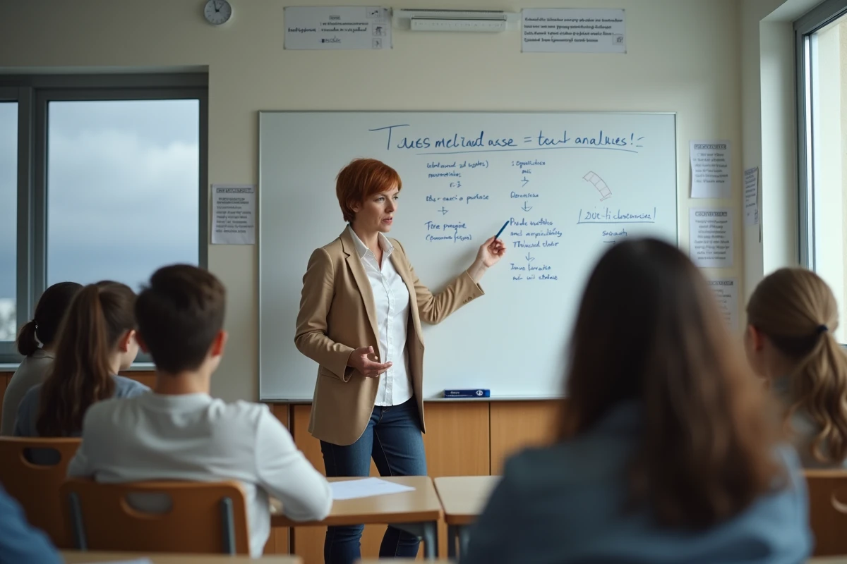 Professeure expliquant la méthode d'analyse de texte au tableau devant des élèves en classe de troisième