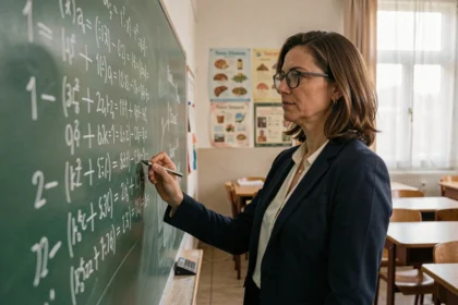 Professeure de français écrivant des conjugaisons au passé simple sur un tableau noir dans une salle de classe