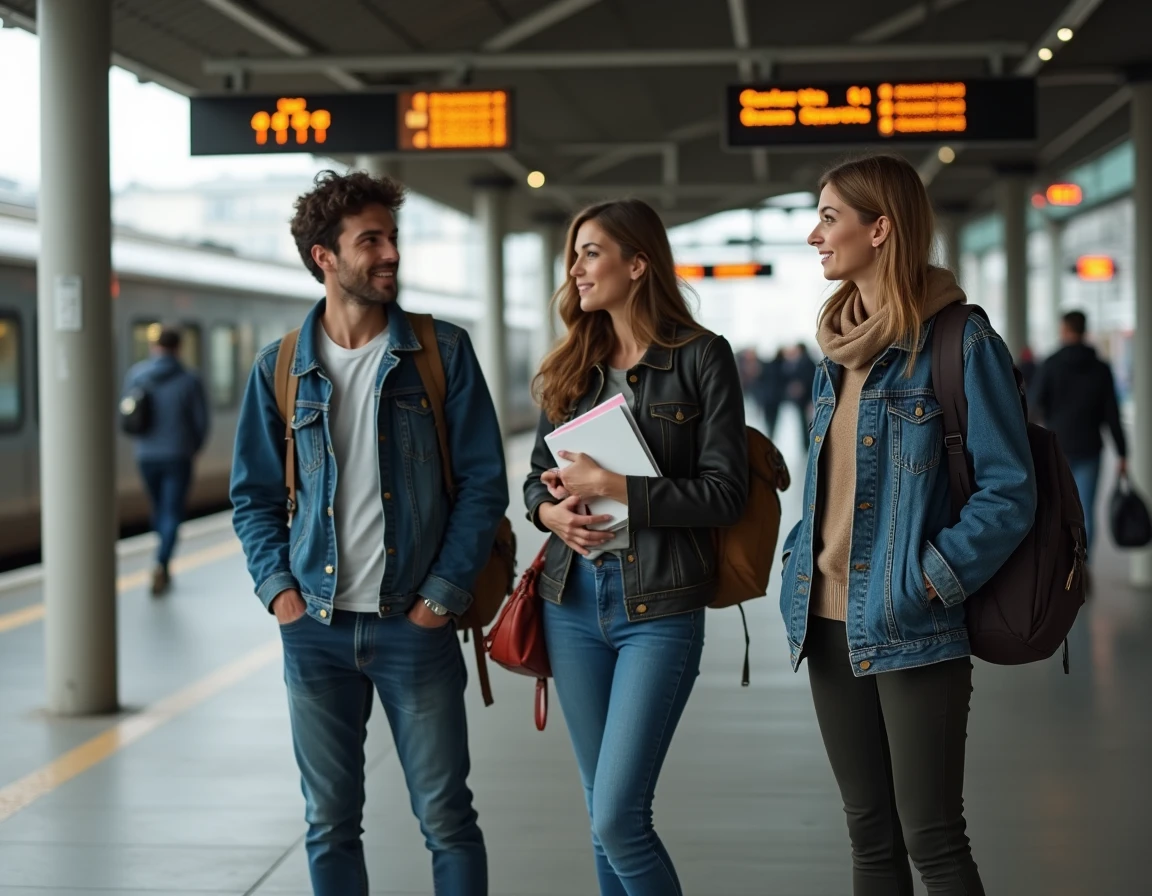 Groupe de jeunes professeurs débutants sur un quai de RER en banlieue parisienne, illustrant les longs trajets domicile-travail des enseignants en région parisienne