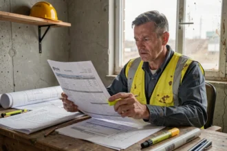 Professionnel du BTP examinant attentivement un devis de formation sur son bureau de chantier