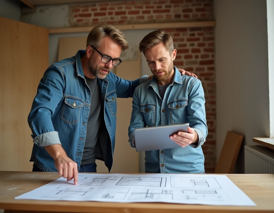 Deux hommes discutant d'un projet de rénovation avec une certification bricolage affichée sur tablette, dans un chantier intérieur