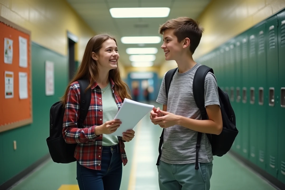 Deux élèves qui répètent ensemble un discours de délégué dans un couloir d'école avant le jour J