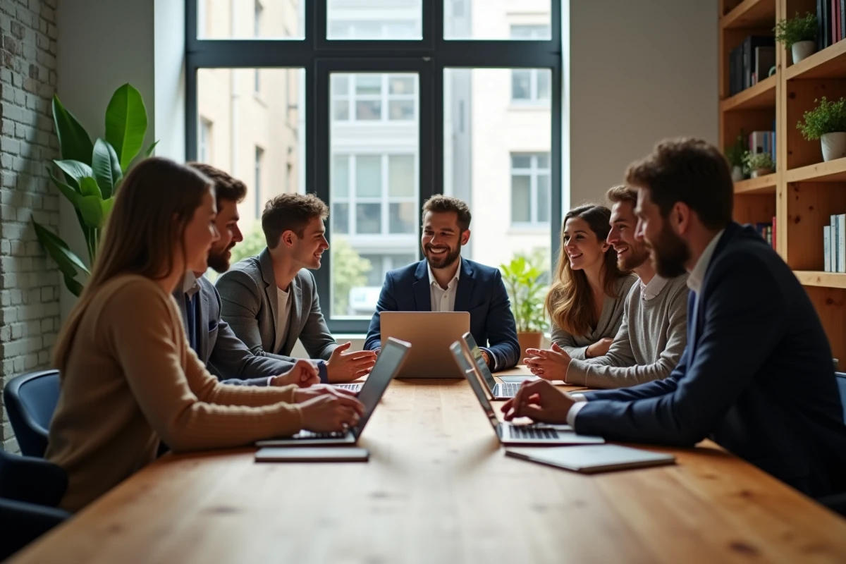 Groupe de professionnels en réunion dans un espace de coworking dynamique