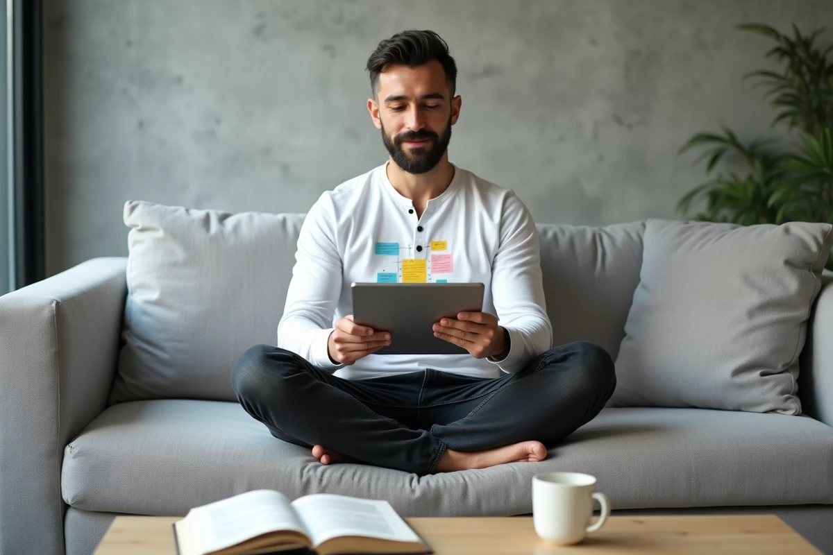 Homme utilisant une carte mentale sur tablette pour réviser après un test de mémoire