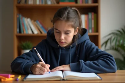 Adolescente révisant la conjugaison du verbe SER en espagnol dans un carnet de notes sur un bureau en bois