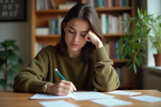 Jeune femme révisant avec des fiches mémoire manuscrites après un test de mémorisation